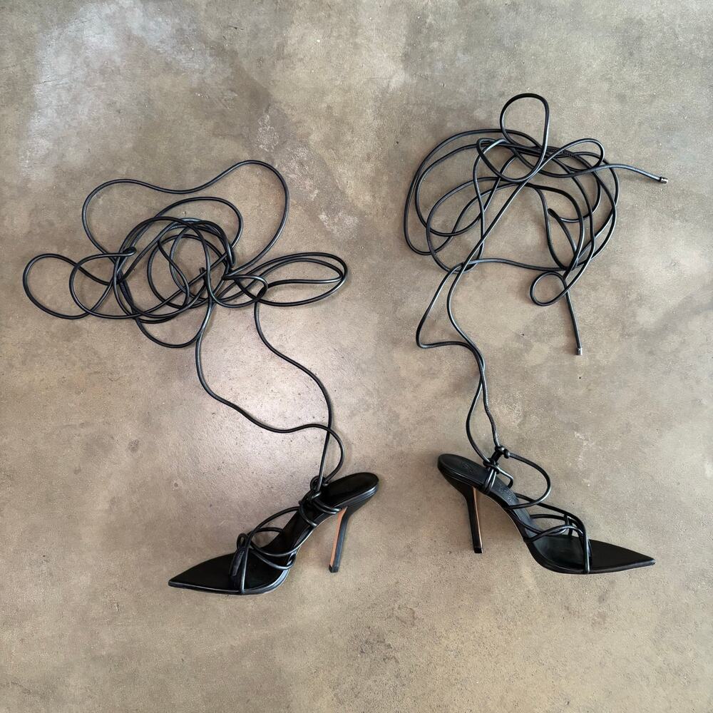 DUNDAS x REVOLVE Black Leather Iggy Lace Up Wrap Pointed Toe Heels SZ 8.5